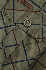 Men's plaid button-down shirt in Army Green cotton blend with chest pocket detail.