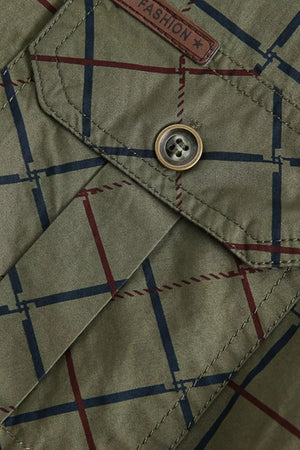 Men's plaid button-down shirt in Army Green cotton blend with chest pocket detail.