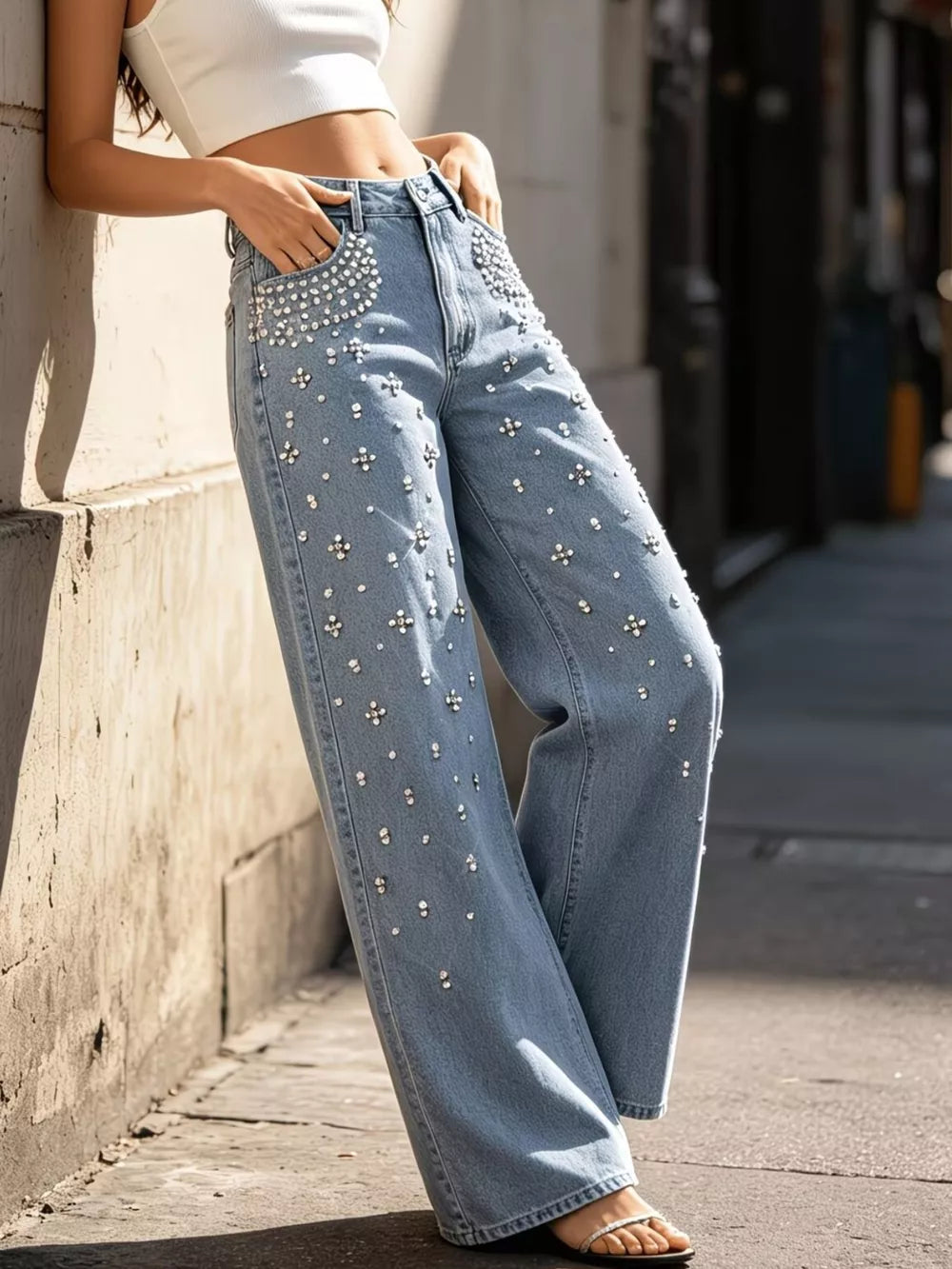 Rhinestone-embellished Wide-leg Jeans