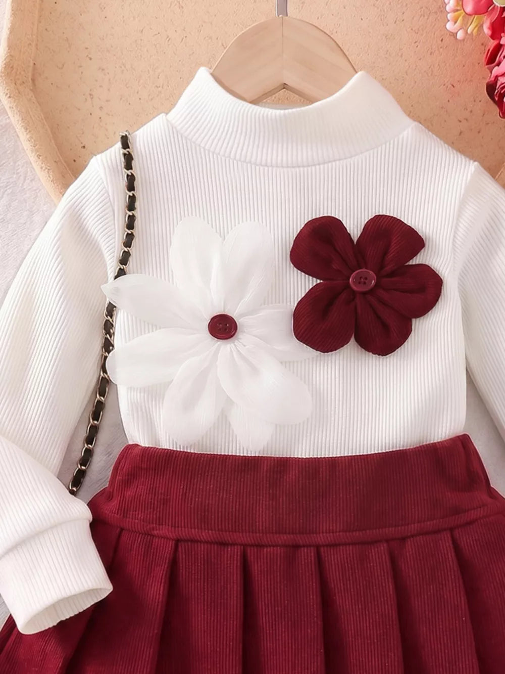 Children's Floral Applique Mock Neck Top And Pleated Skirt Set in White, side view