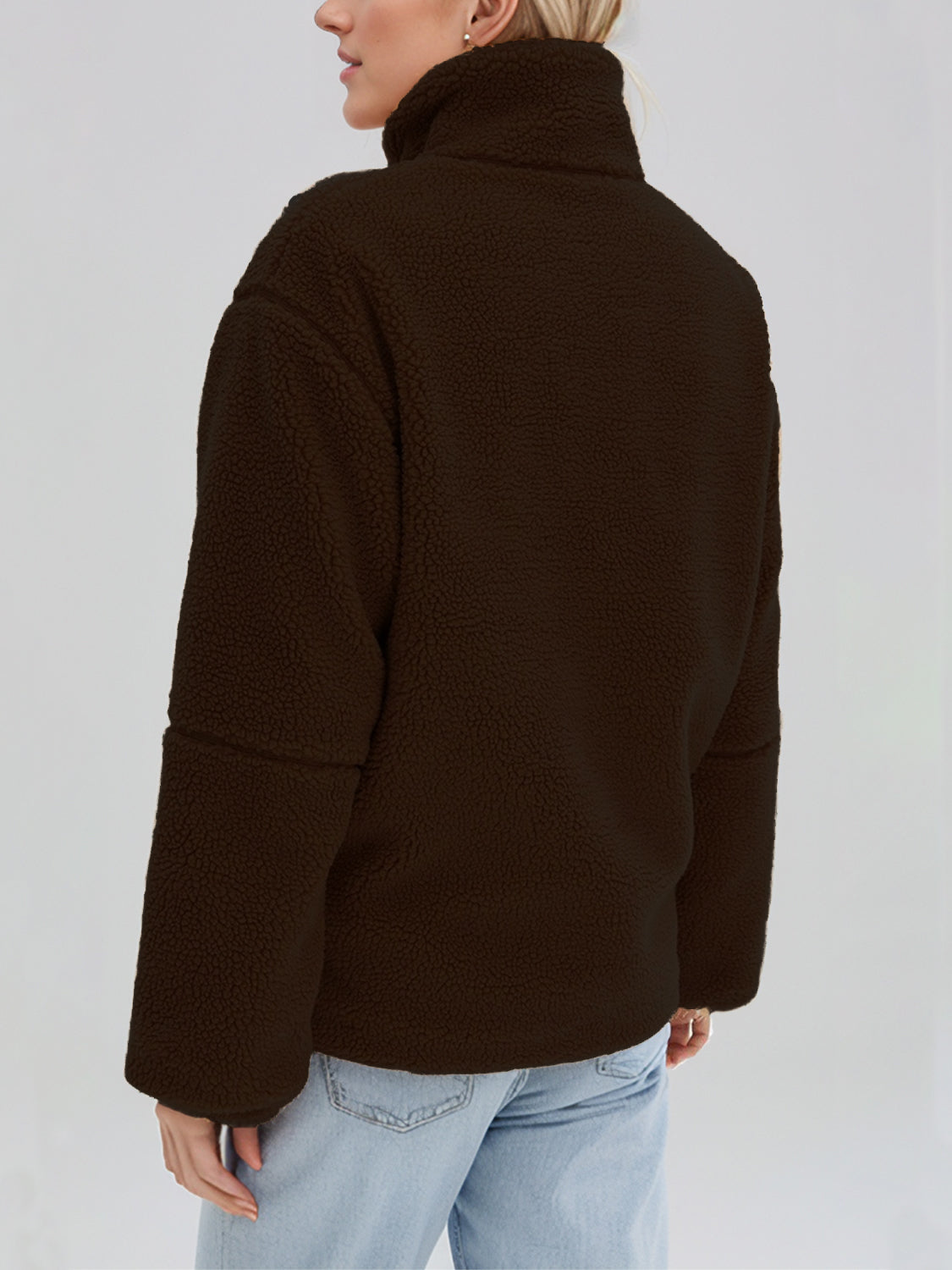 Dark Brown sherpa stand-collar jacket with a textured fleece material and relaxed fit.