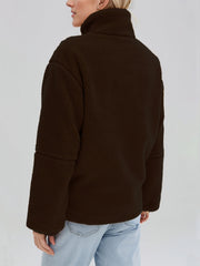Dark Brown sherpa stand-collar jacket with a textured fleece material and relaxed fit.