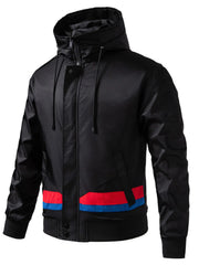 Black hooded windbreaker jacket for men with red and blue stripe detail on hem