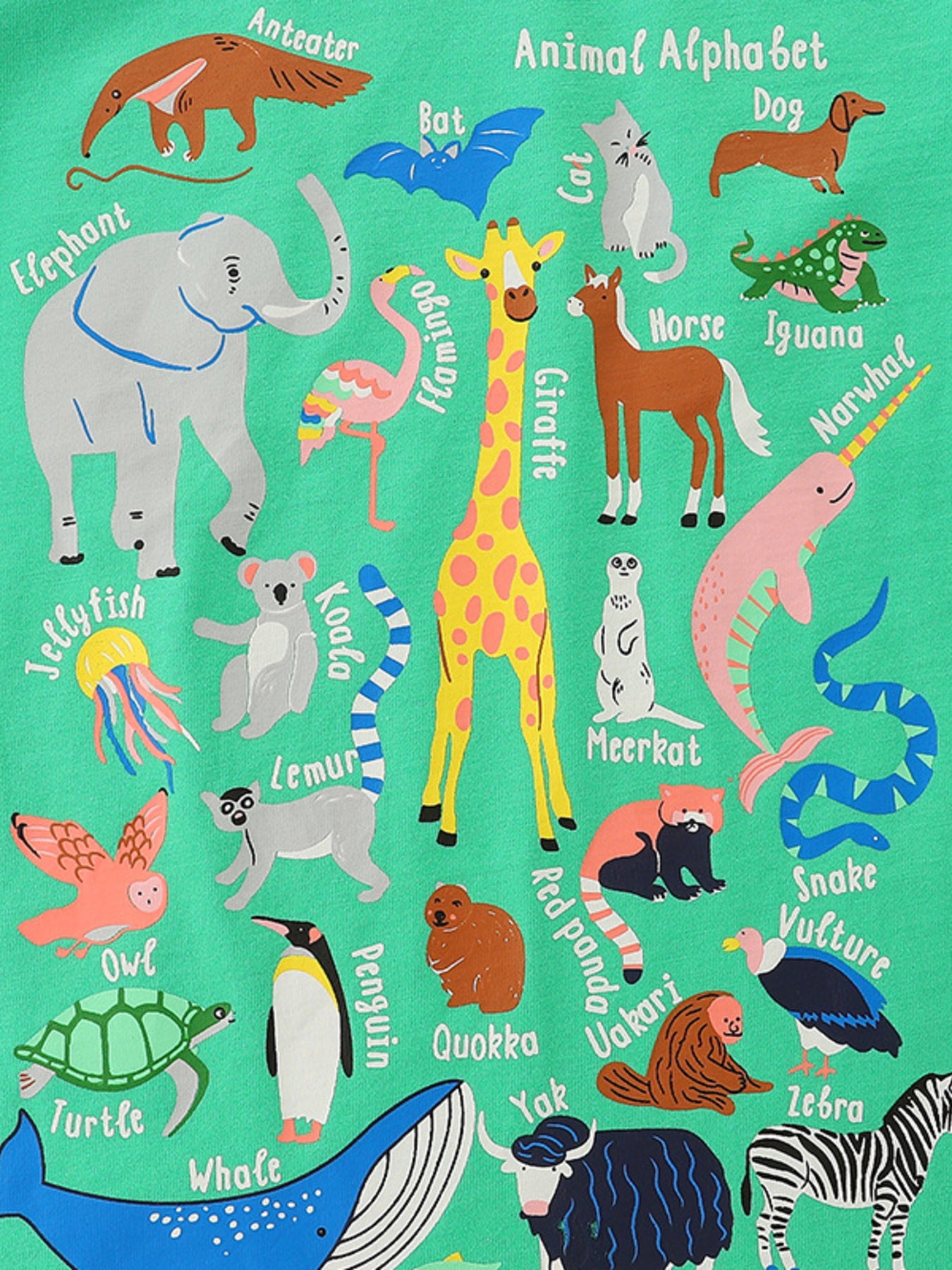 Green 100% cotton toddler t-shirt with a colorful animal alphabet print.