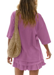 Relaxed fit violet tee with ruffled hem skirt set, short sleeves, crew neck.