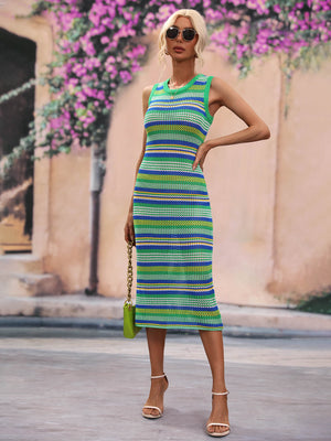 Striped knit sleeveless midi dress in green and blue with a crew neck.