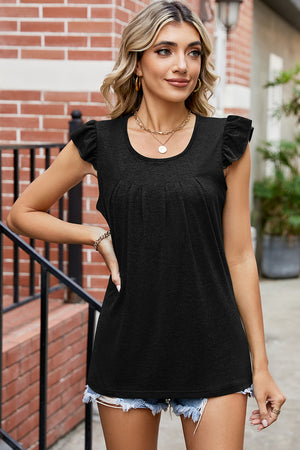 Black pleated front flutter sleeve top with scoop neck