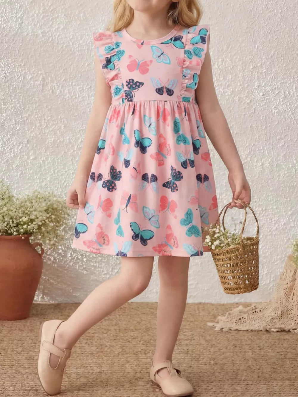 Children S Butterfly Print Ruffle Sleeve Dress, front view