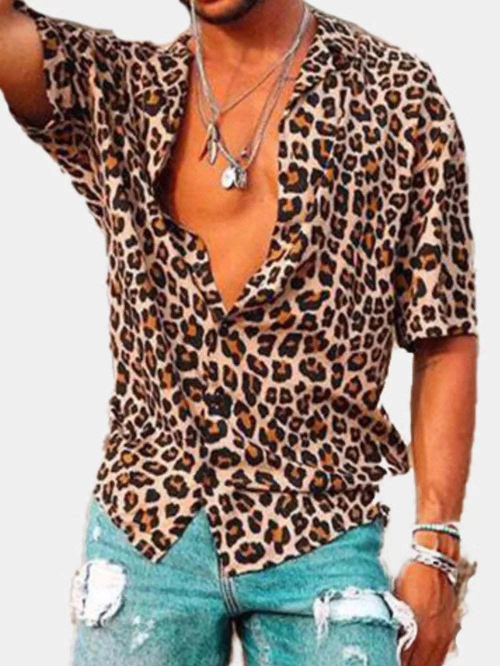 Men's Full Size Leopard Print Short Sleeve Shirt in Leopard, front view