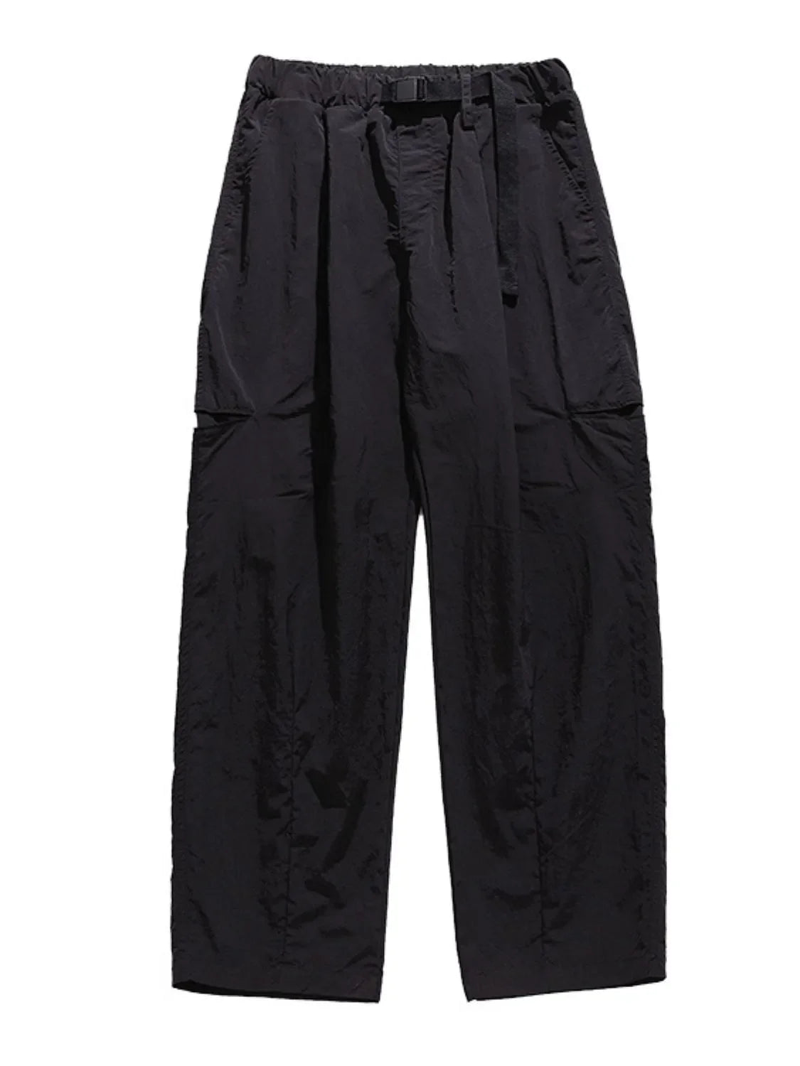 Black technical fabric cargo pants with belt and elastic waist