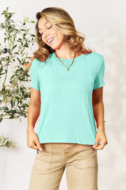 Slit hemline crew neck tee in Tiffany Blue, made from bamboo fabric.