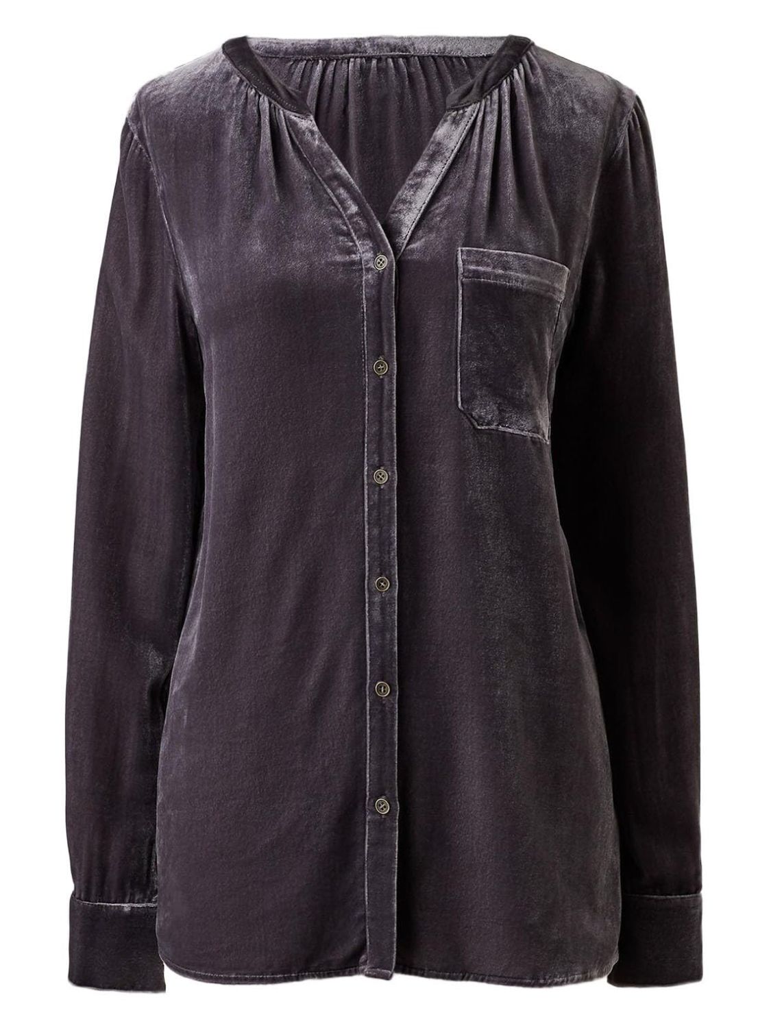 Velvet gathered yoke blouse in Dusty Blue with button front and chest pocket.
