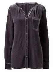 Velvet gathered yoke blouse in Dusty Blue with button front and chest pocket.