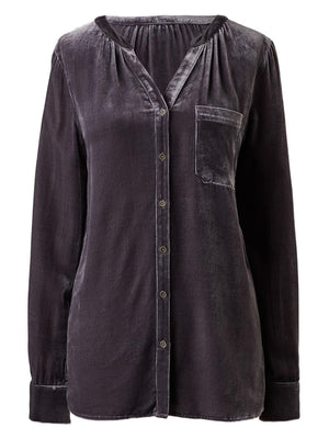 Velvet gathered yoke blouse in Dusty Blue with button front and chest pocket.