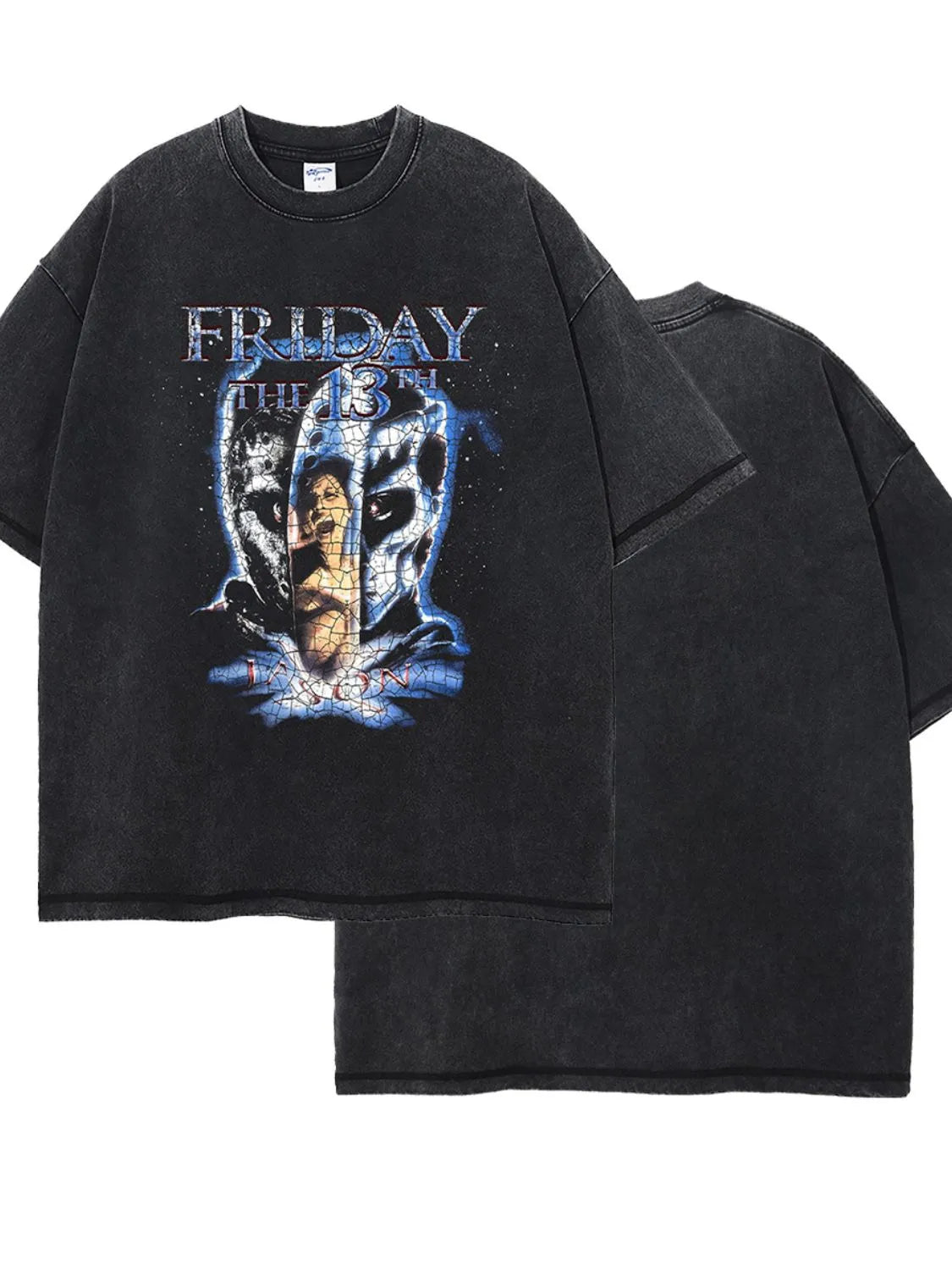Black vintage wash graphic tee with Friday the 13th Jason Voorhees graphic.