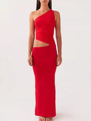 Red one-shoulder maxi dress with cutout detail