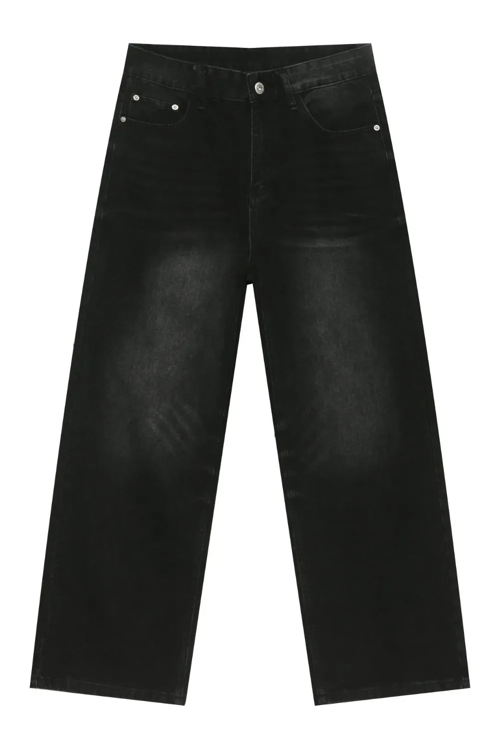 Faded black denim palazzo jeans with a wide leg and casual style.