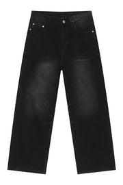 Faded black denim palazzo jeans with a wide leg and casual style.