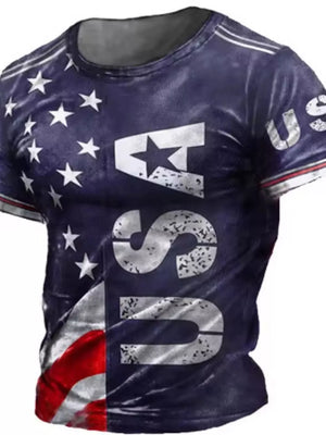Men's royal blue crew neck t-shirt with vintage USA flag print and distressed lettering.