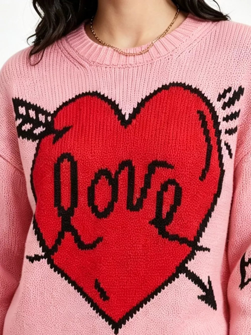 Heart Round Neck Ribbed Sweater in Pink, view 11