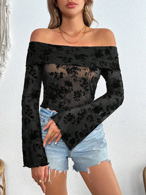 Black velvet floral off-shoulder blouse with bell sleeves