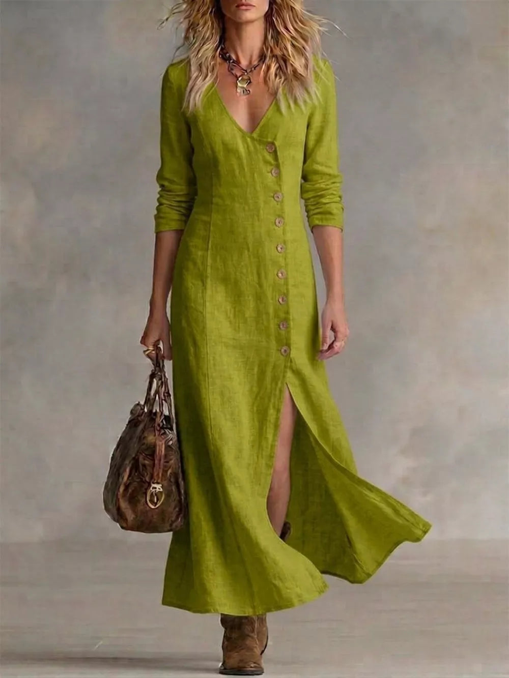 Yellow-green V-neck buttoned maxi dress with a high slit and long sleeves.
