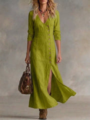 Yellow-green V-neck buttoned maxi dress with a high slit and long sleeves.