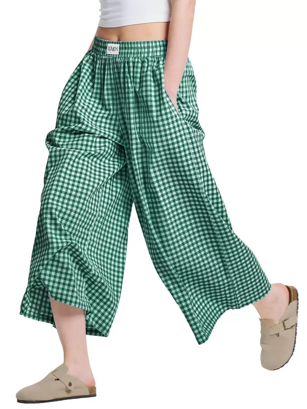 Emerald green gingham check maternity pants with wide legs and pockets.