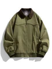 Oversized olive green zip-up jacket with brown collar and plaid lining.