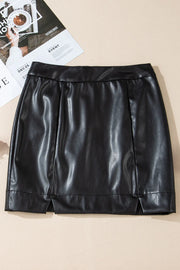 Black faux leather mini skirt with asymmetric slit detail
