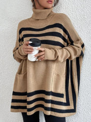 Tan geometric stripe acrylic poncho sweater with turtleneck and pockets