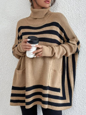 Tan geometric stripe acrylic poncho sweater with turtleneck and pockets