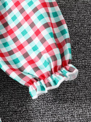 Festive plaid dress sleeve with ruffled cuff in multicolor.