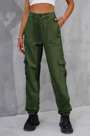 Army green utility cargo trousers with elasticated cuffs and multiple pockets.