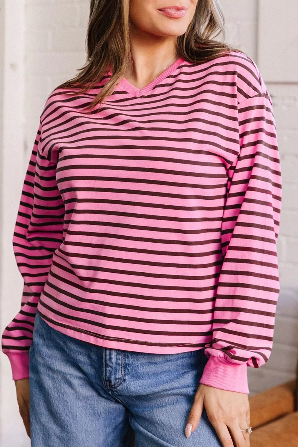 Stripe V Neck Drop Shoulder Long Sleeve Shirt, side view
