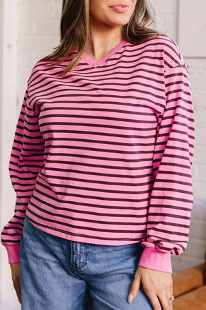 Stripe V Neck Drop Shoulder Long Sleeve Shirt, side view