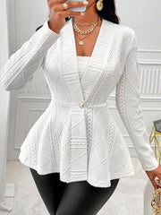 White textured knit peplum blazer with a single button closure and shawl collar.