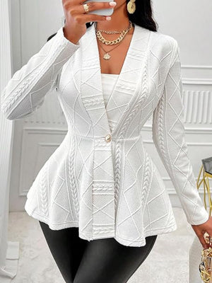 White textured knit peplum blazer with a single button closure and shawl collar.