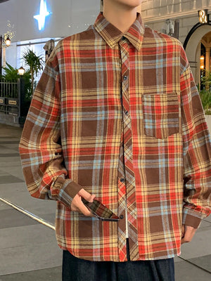 Men's casual long-sleeve plaid shirt in brown with red, yellow, and blue checks.