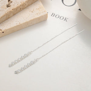 Elegant sterling silver threader earrings with delicate chain and textured bar detail