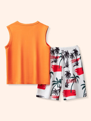 Toddler orange sleeveless top and white palm tree graphic shorts with elastic waistband.