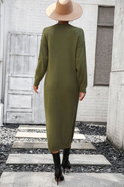 Army green textured knit henley midi dress with long sleeves and a button neckline.