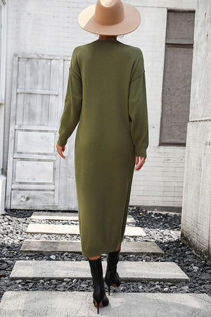 Army green textured knit henley midi dress with long sleeves and a button neckline.