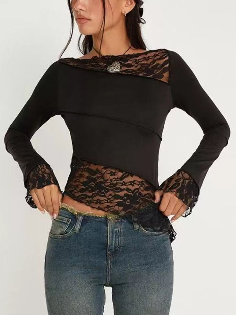 Black asymmetrical long sleeve tee with lace details on neckline and cuffs