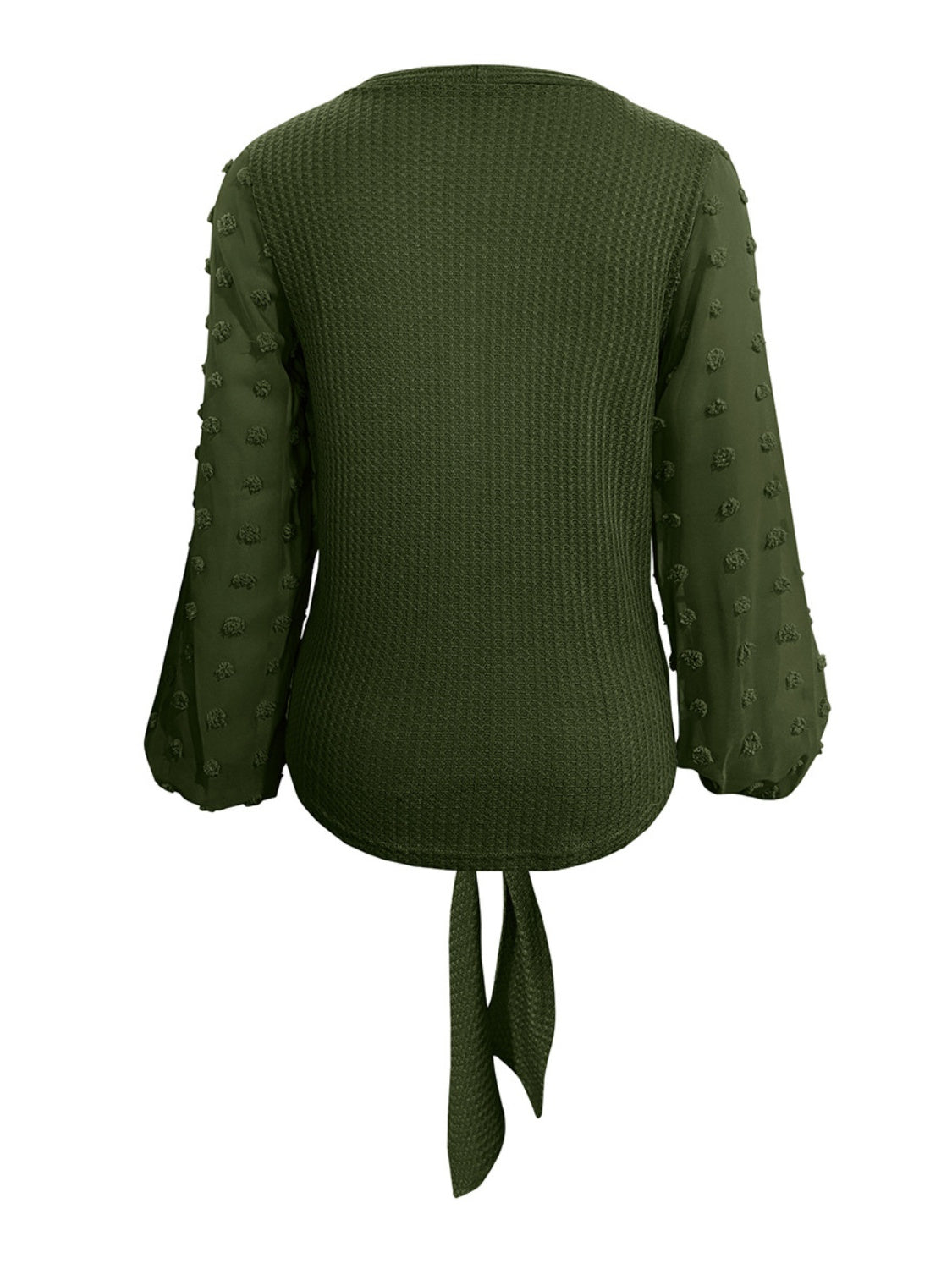 Army green waffle knit blouse with swiss dot sleeves and tie front detail.