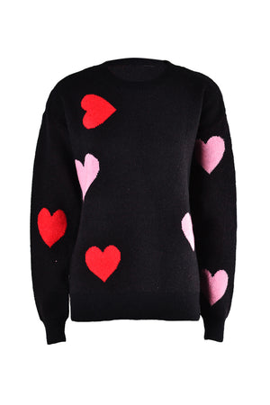 Black crewneck sweater with intarsia knit hearts in red and blush pink.