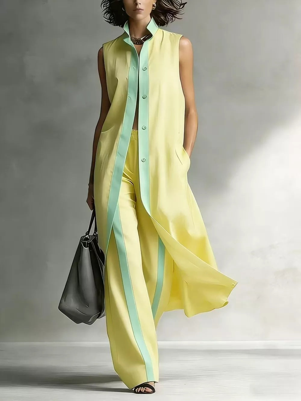 Sleeveless Longline Vest And Wide-leg Pants Set in Pink, product detail