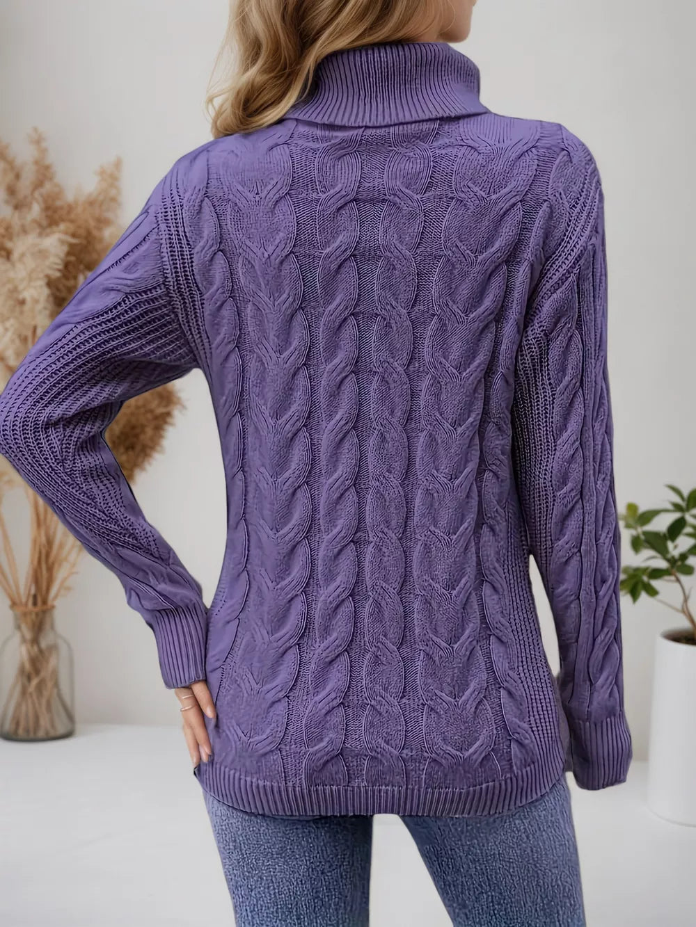 Purple cable-knit turtleneck sweater with ribbed cuffs and hem
