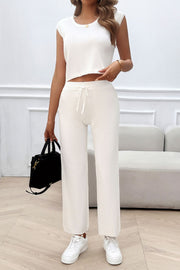 White ribbed knit cropped lounge set with cap sleeve top and drawstring pants