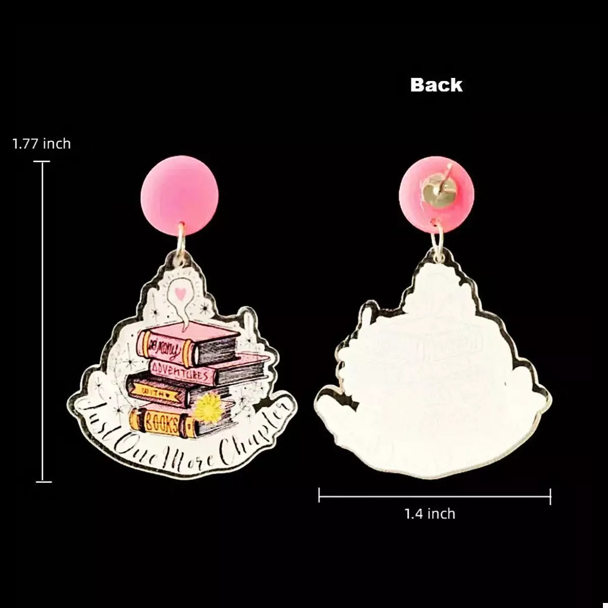 Book stack acrylic drop earrings in blush pink with "Just One More Chapter" text.